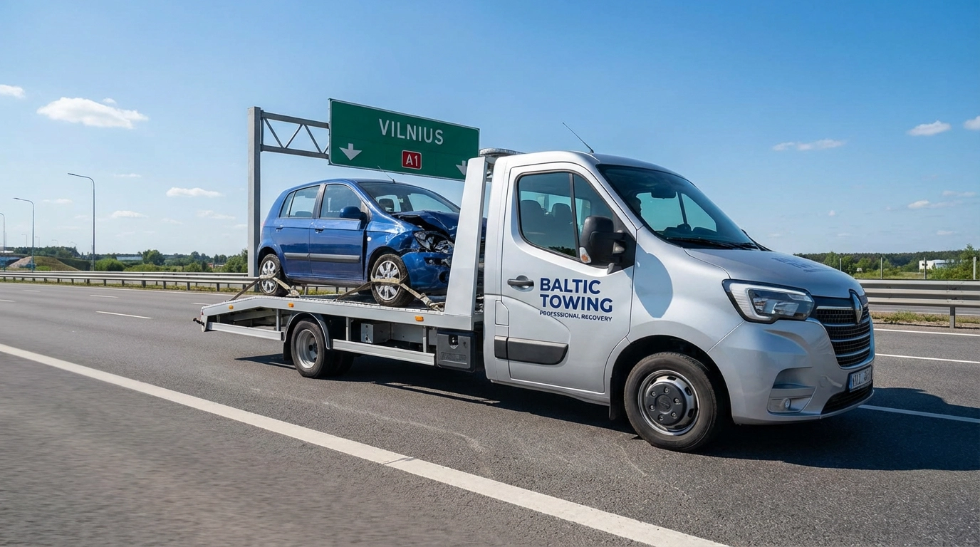 Daužto automobilio gabenimas – vilkikas gabena pažeistą automobilį